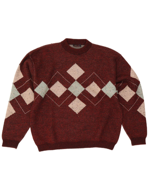 Maglione girocollo da uomo vintage grande a rombi bordeaux/diamante