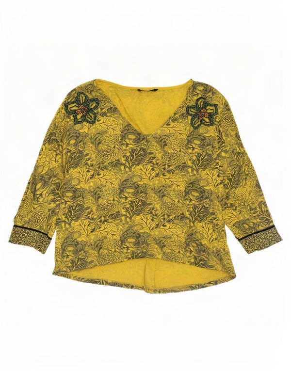 Desigual Donna Maglione Oversize con Scollo a V UK 14 Medio Giallo Floreale
