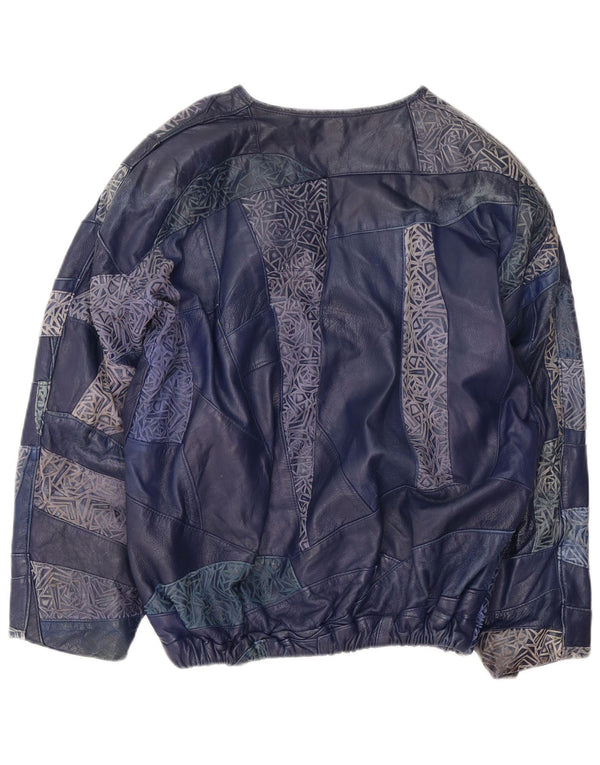 Giacca in pelle pullover vintage da donna UK 16 grande patchwork blu navy
