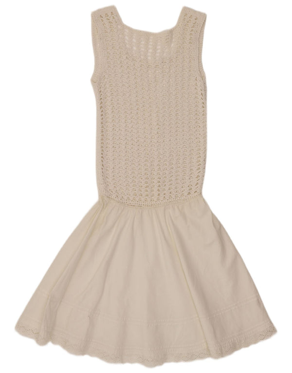 Abito vintage da donna all'uncinetto senza maniche a vita bassa UK 8 piccolo bianco