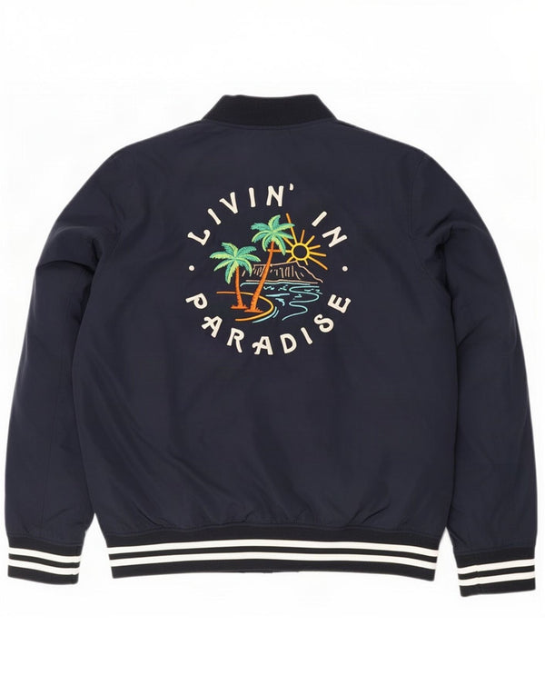 Hollister Giacca bomber grafica da uomo UK 42 XL Poliestere a righe blu navy