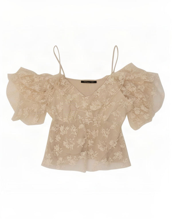Top Zara da donna con spalle scoperte UK 8 piccolo cotone floreale beige