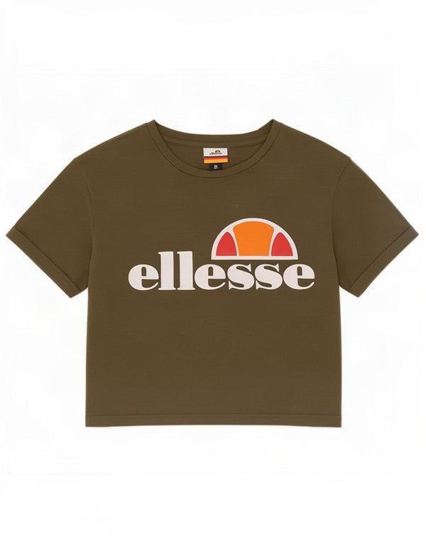 Ellesse T-shirt grafica da donna corta Top UK 8 Small Cotone color block kaki
