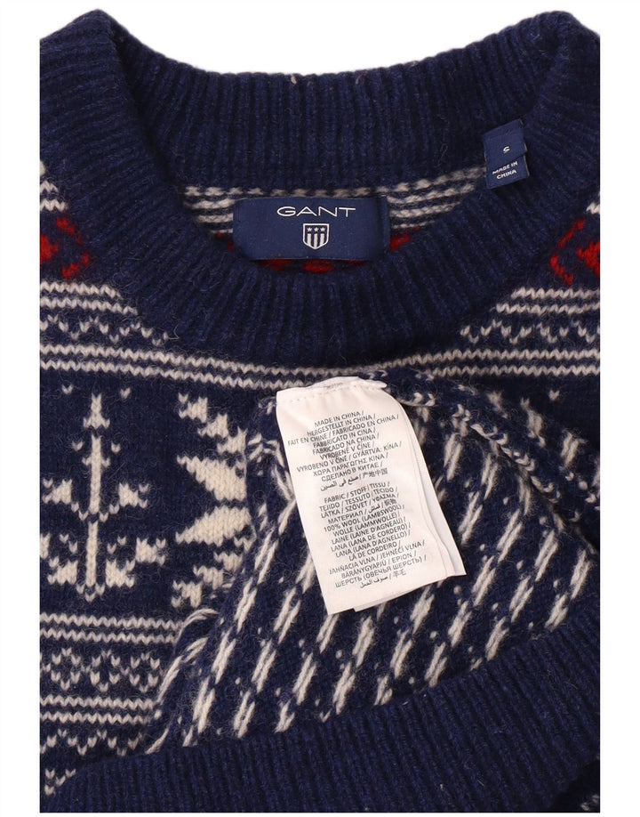 GANT Maglione maglione girocollo da uomo piccolo in lana Fair Isle blu navy