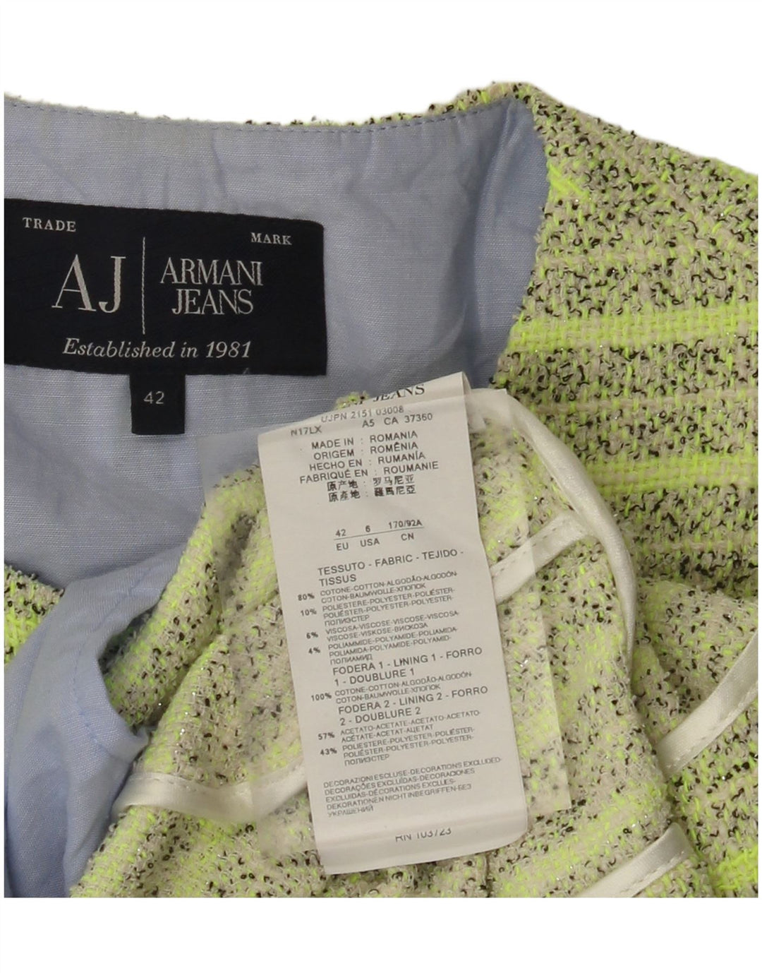 ARMANI JEANS Giacca da donna corta a 5 bottoni IT 42 Verde medio a righe