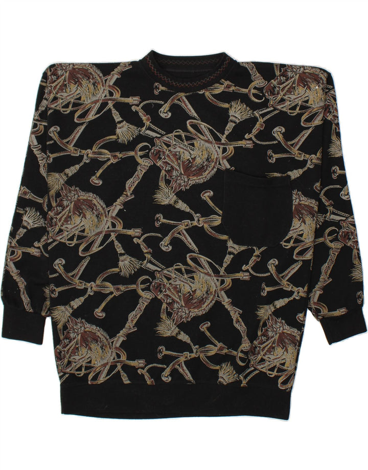 VINTAGE Womens Abstract Pattern Crew Neck Jumper Sweater UK 16 Large Black Vintage Vintage and Second-Hand Vintage from Messina Hembry 