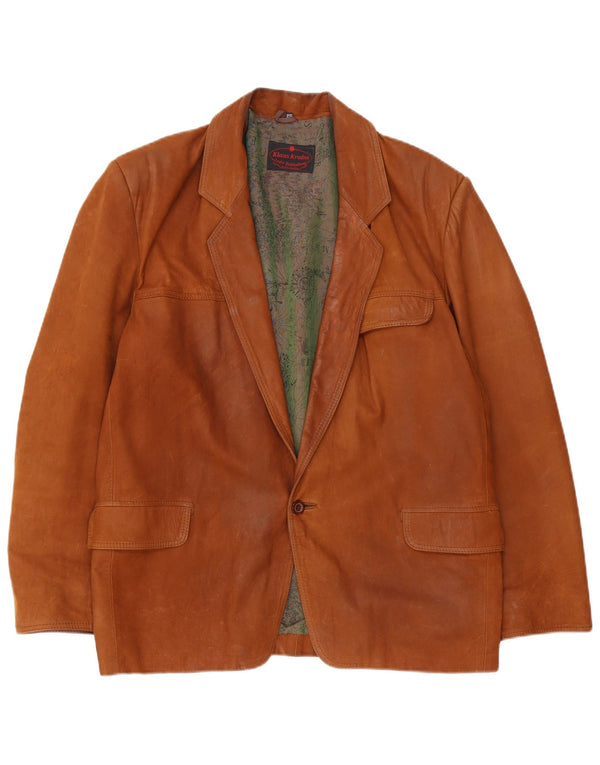 Giacca blazer in pelle vintage da uomo a 1 bottone IT 52 grande marrone