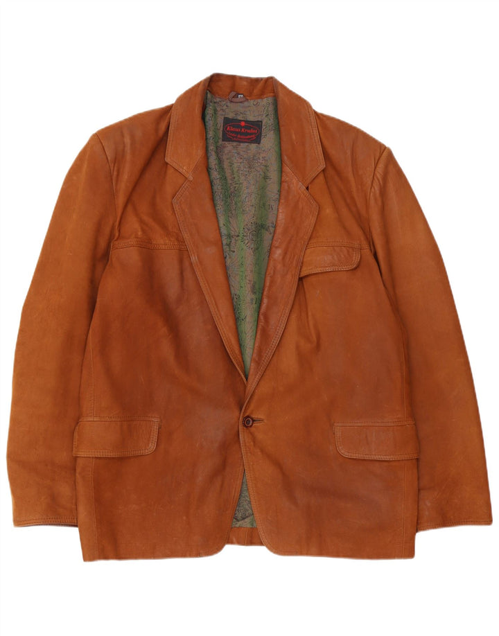 Giacca blazer in pelle vintage da uomo a 1 bottone IT 52 grande marrone
