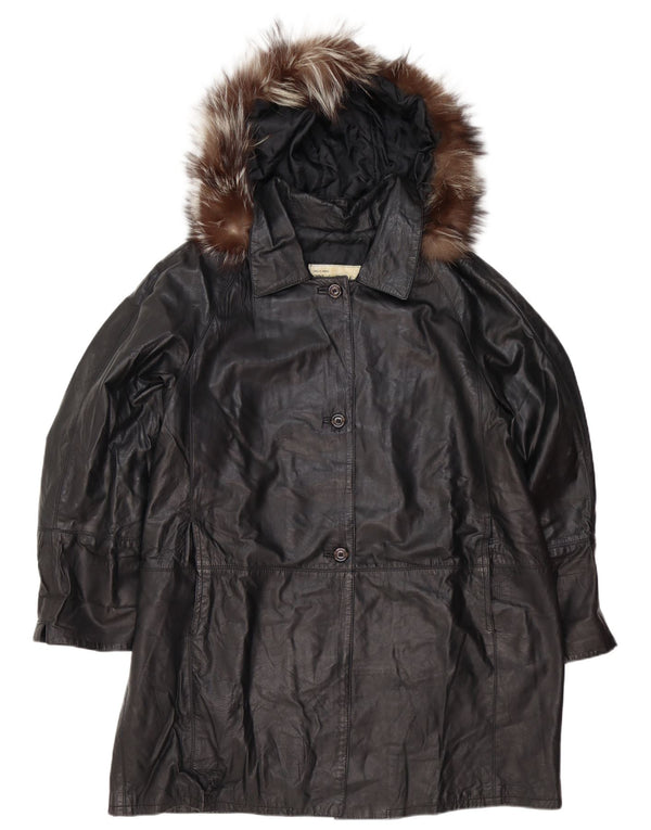 Cappotto oversize in pelle con cappuccio da donna vintage IT 48 XL in pelle nera