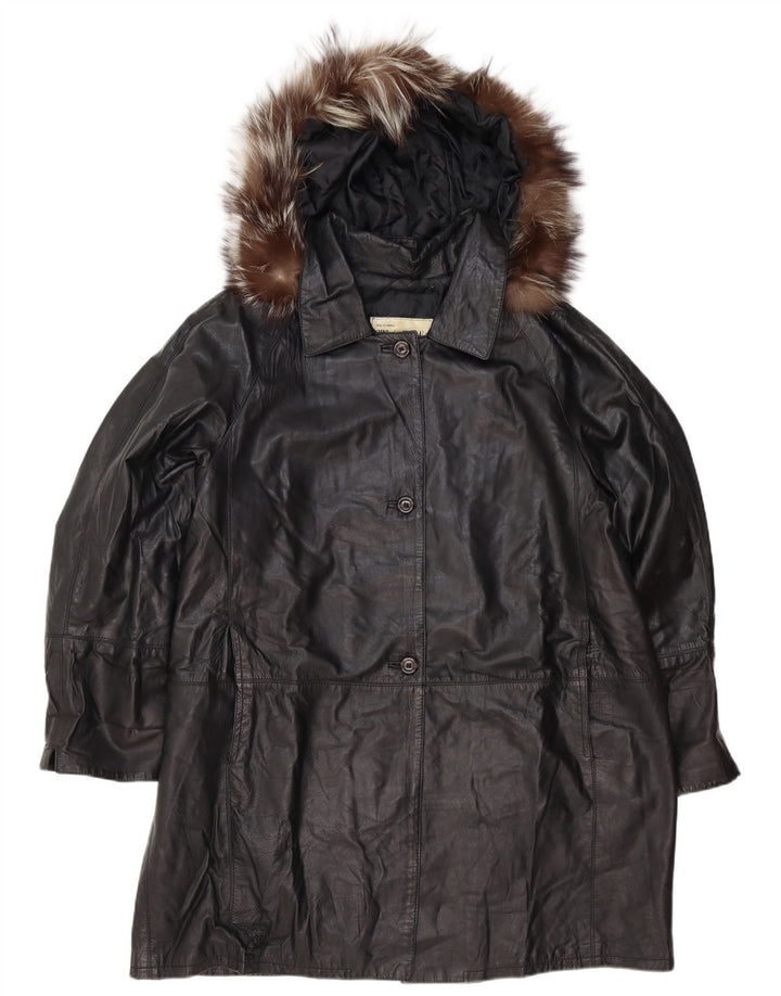 Cappotto oversize in pelle con cappuccio da donna vintage IT 48 XL in pelle nera