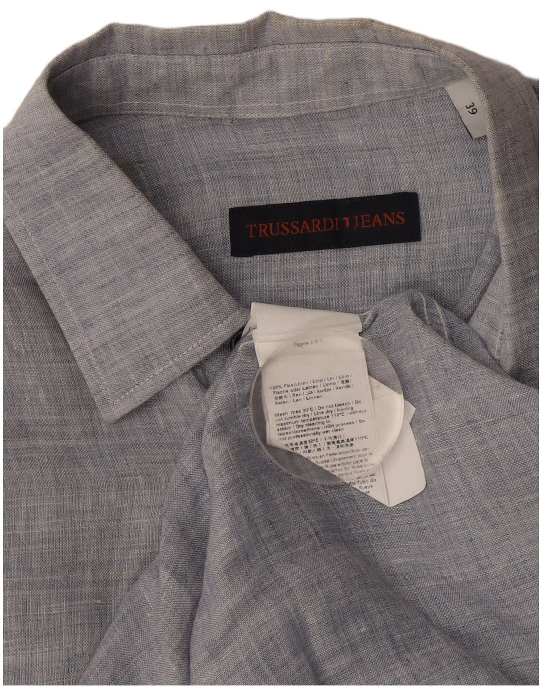 Camicia Trussardi Uomo Taglia 39 Lino Puntinato Blu Medio