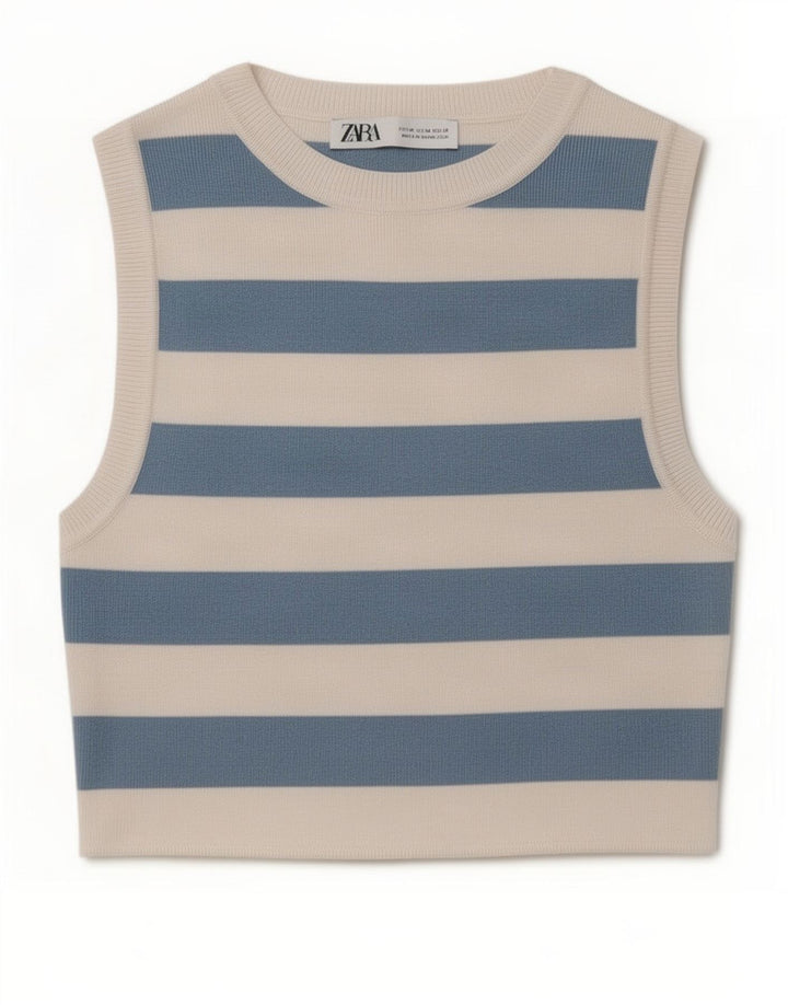 Canotta corta da donna Zara UK 12 a righe blu medio