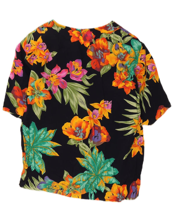 Camicetta camicia a maniche corte da donna vintage UK 12 medio nero floreale
