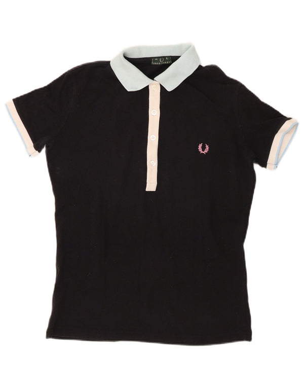 Polo da donna Fred Perry UK 14 grande in cotone color block nero