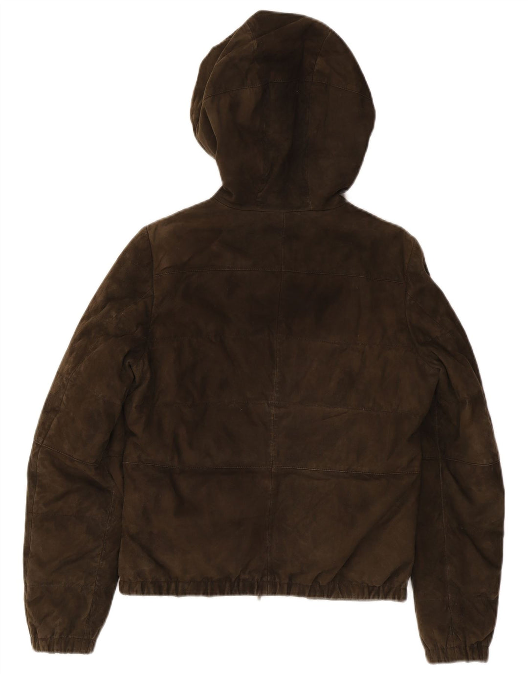Giacca imbottita in pelle scamosciata con cappuccio da donna Max Mara UK 10 piccolo motociclista in pelle kaki