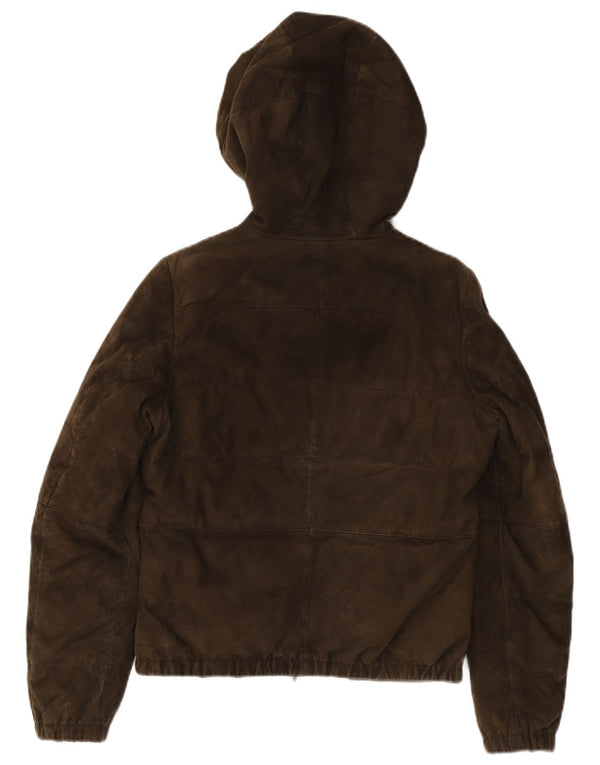 Max Mara Womens Hooded Suede Padded Jacket UK 10 Small Khaki Leather Biker