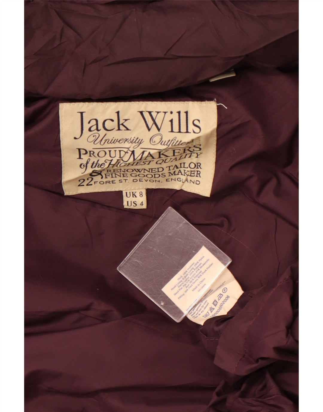 Giacca imbottita imbottita da donna Jack Wills UK 8 piccola poliestere bordeaux