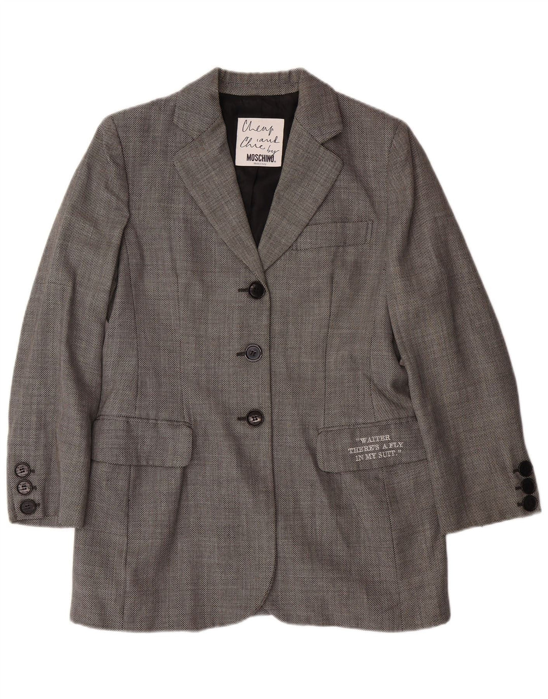 Giacca blazer economica e chic da donna MOSCHINO UK 14 Large Grey Classic