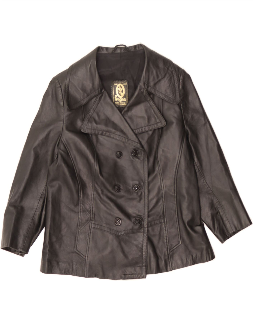 VINTAGE Womens Double Breasted Leather Jacket UK 14 Large Black Leather Vintage Vintage and Second-Hand Vintage from Messina Hembry 