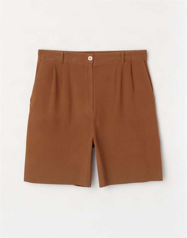 Pantaloncini casual con ancoraggio a vita alta da donna vintage IT 44 medio W27 seta marrone