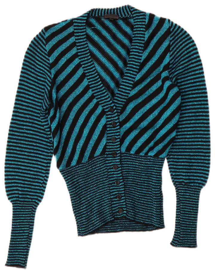 Maglione cardigan con scollo a V vintage da donna UK 6 XS a righe turchesi