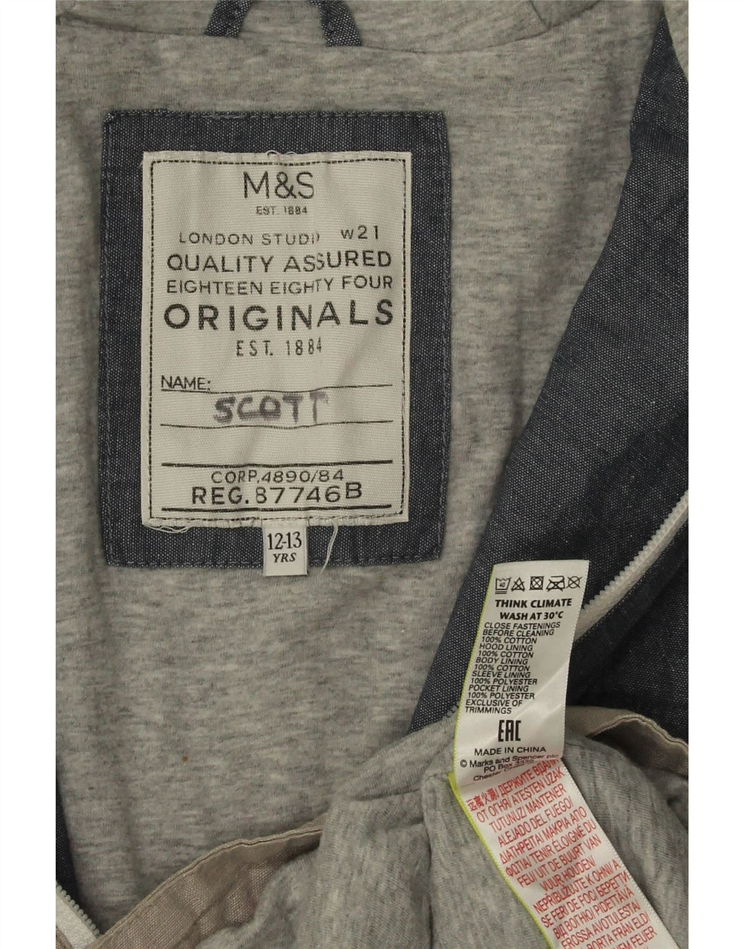 Giacca a vento con cappuccio Marks & Spencer per ragazzi 12-13 anni Colore grigio color block