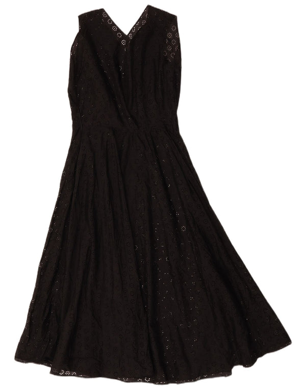 Abito vintage da donna senza maniche a trapezio UK 14 grande motivo floreale nero