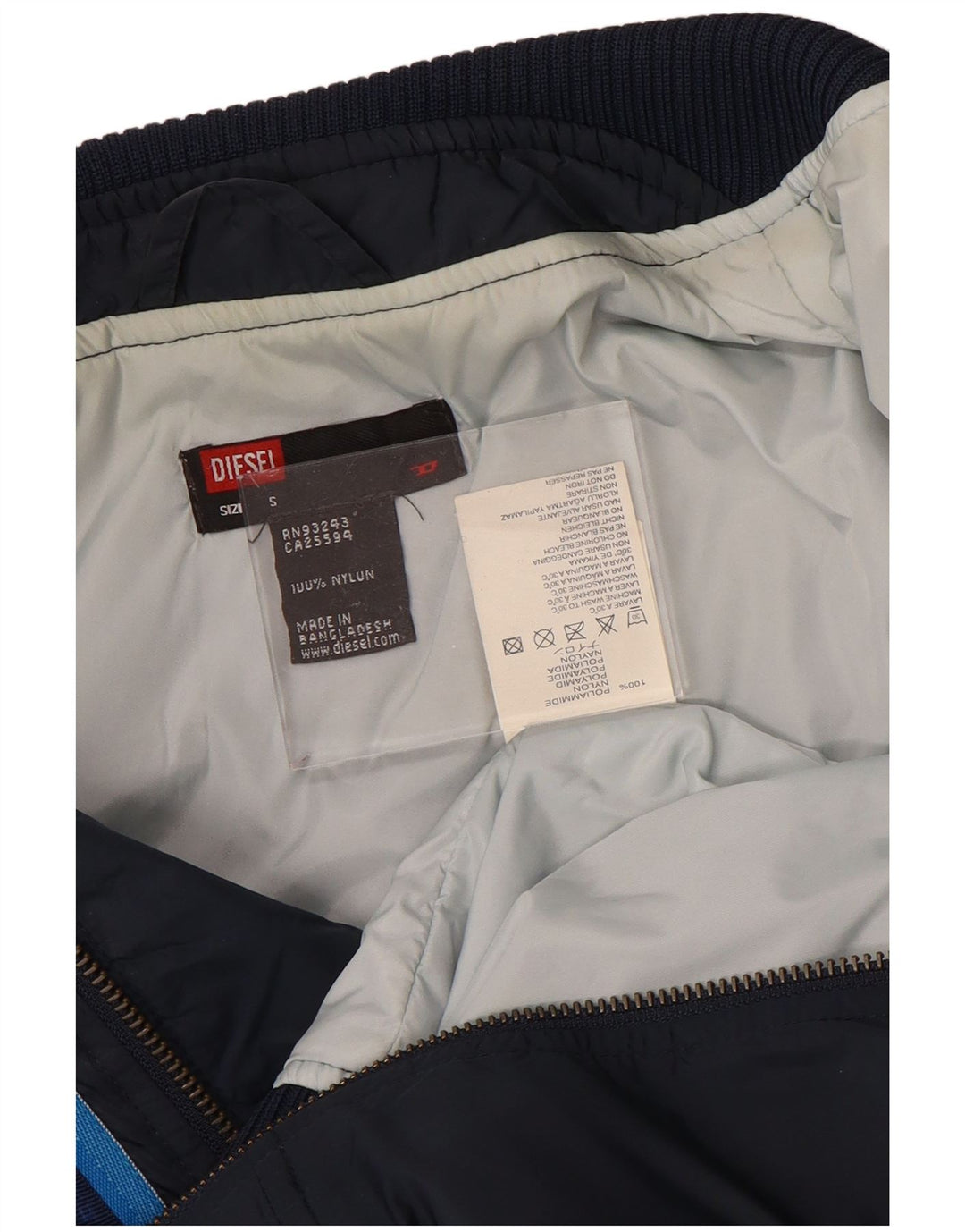 DIESEL Mens Graphic Bomber Jacket UK 36 Small Navy Blue Colourblock Nylon
