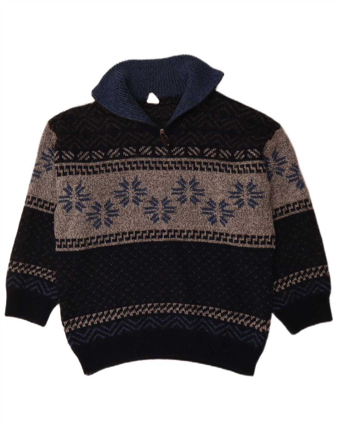 Maglione da donna VINTAGE con zip e collo UK 18 XL Blu navy Fair Isle