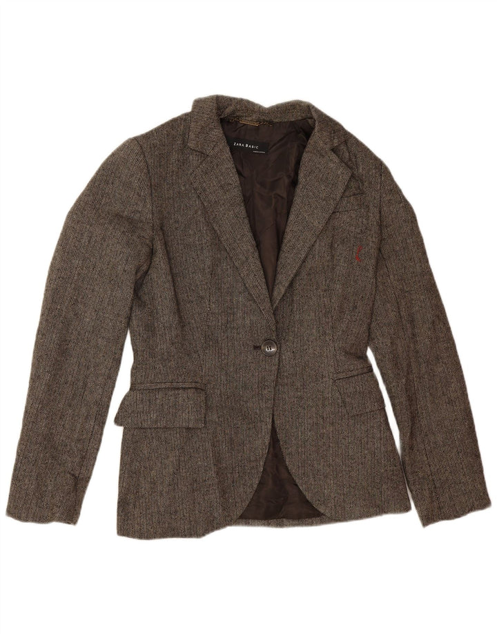 Giacca blazer da donna a 1 bottone Zara UK 12 Lana a spina di pesce marrone medio