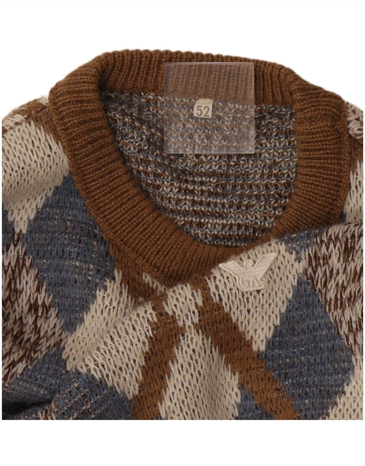 Maglione vintage da uomo girocollo IT 52 grande marrone a rombi/diamante