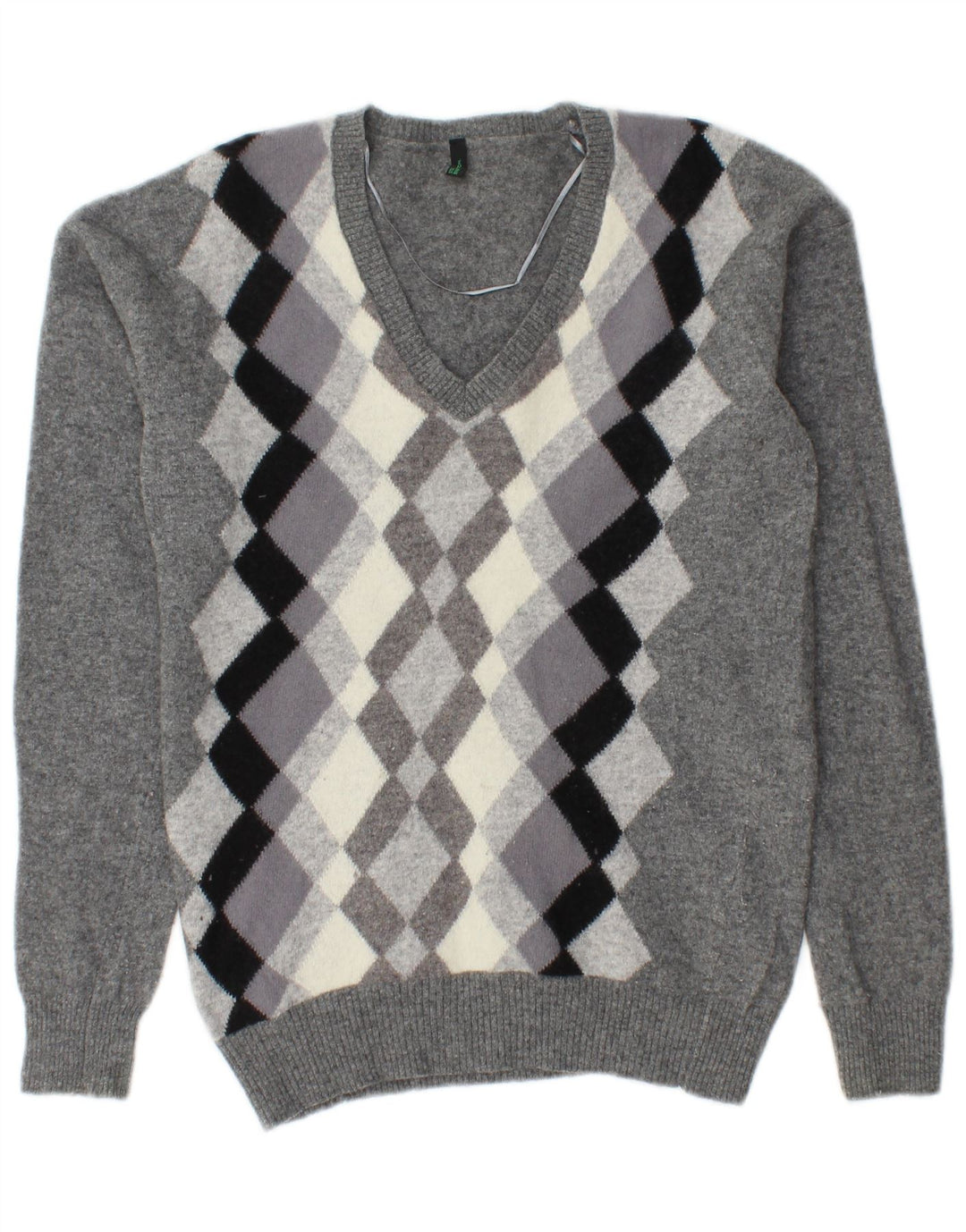 BENETTON Maglione da donna con scollo a V UK 10 Small Grigio Argyle/Diamond Wool