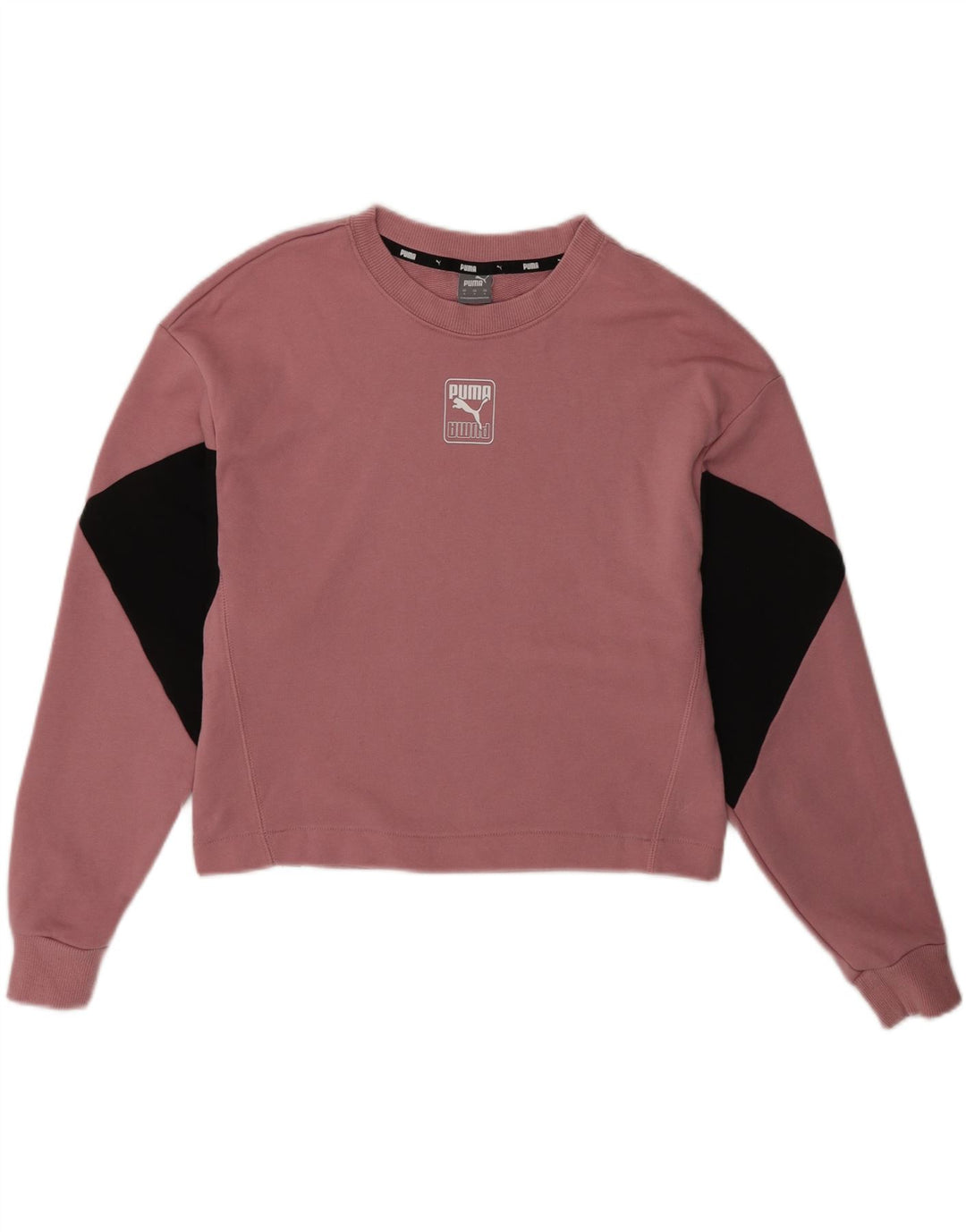 PUMA Womens Oversized Crop Sweatshirt Jumper UK 10 Small Pink Colourblock Vintage Puma and Second-Hand Puma from Messina Hembry 