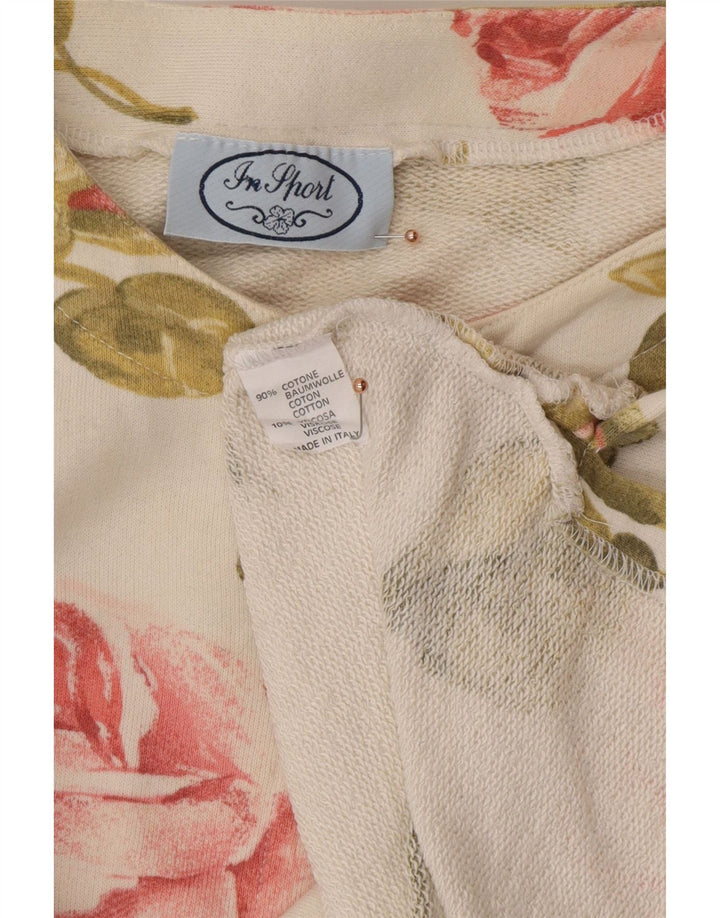 Top da donna VINTAGE a maniche lunghe UK 16 grande cotone floreale bianco sporco