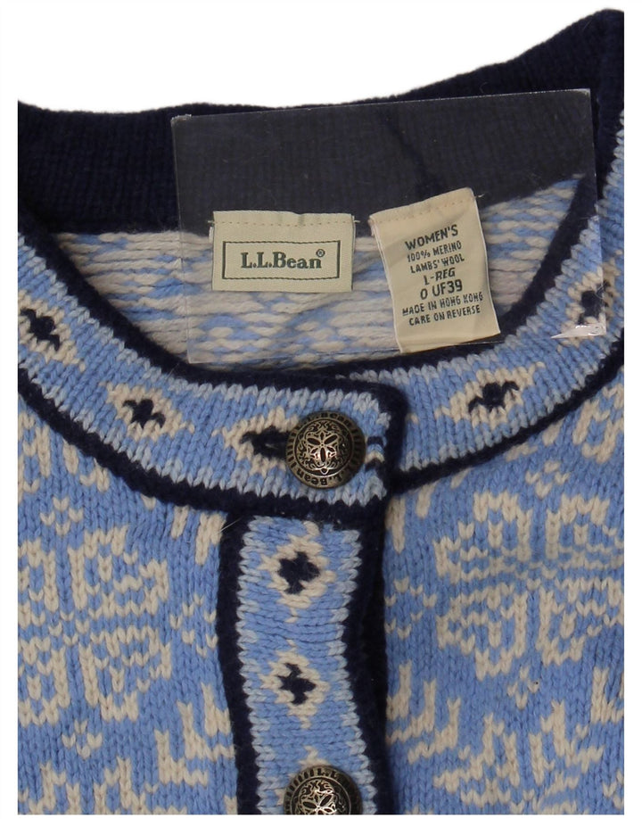Maglione cardigan da donna L.L.BEAN UK 16 Lana merino Fair Isle blu grande