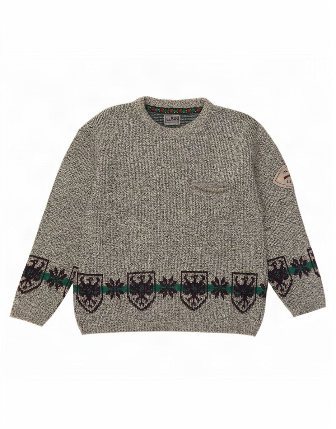 Maglione girocollo da uomo vintage in lana Fair Isle grigia grande