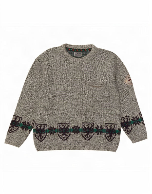 Maglione girocollo da uomo vintage in lana Fair Isle grigia grande