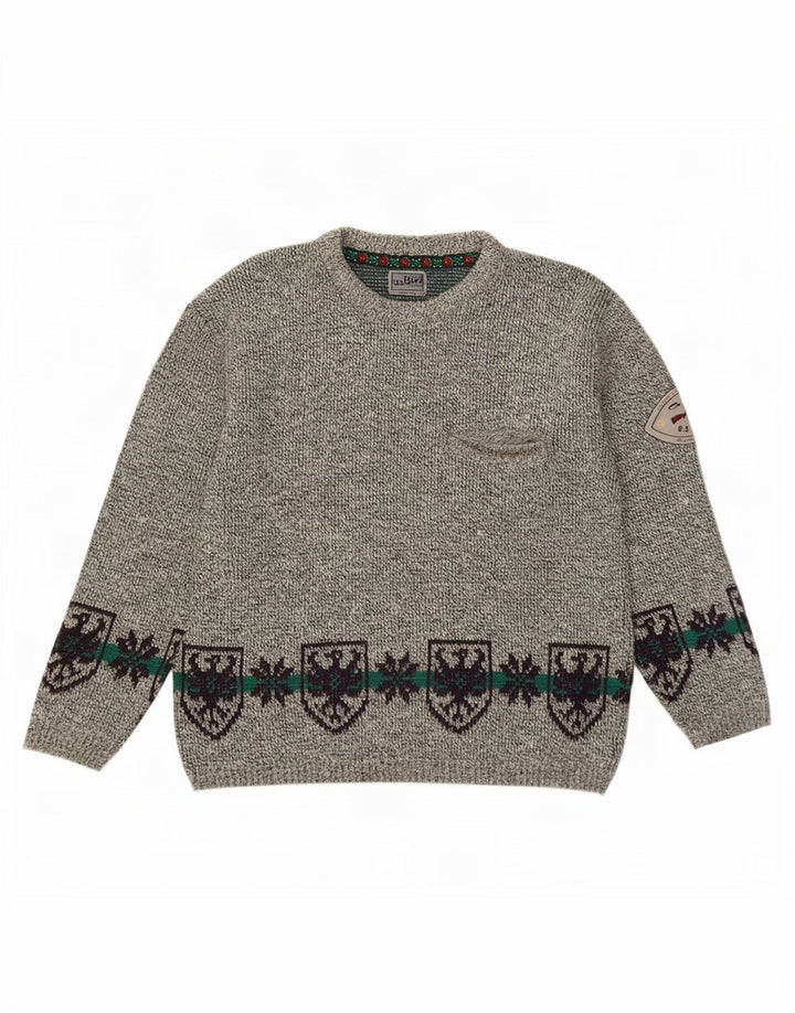 Maglione girocollo da uomo vintage in lana Fair Isle grigia grande