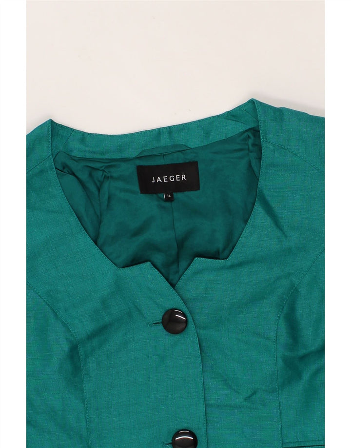 JAEGER Womens 2 Button Short Sleeve Blazer Jacket UK 14 Large Green Linen Vintage Jaeger and Second-Hand Jaeger from Messina Hembry 