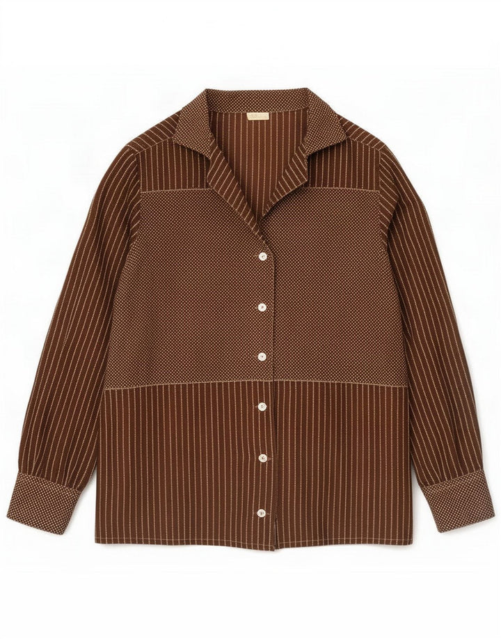 Vintage Womens Shirt UK 16 Large Brown Striped Polyester