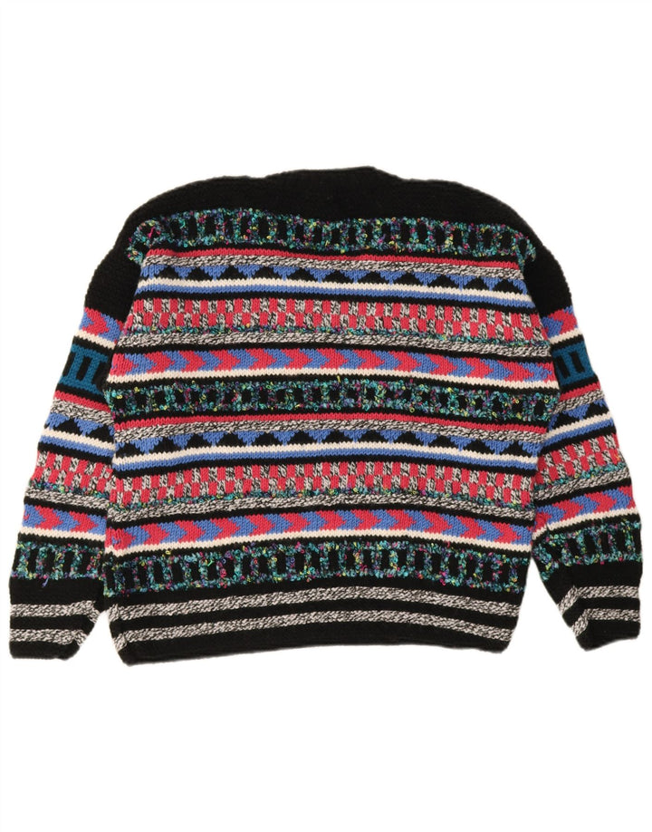 Maglione maglione vintage da donna con scollo a V UK 12 medio multicolore geometrico