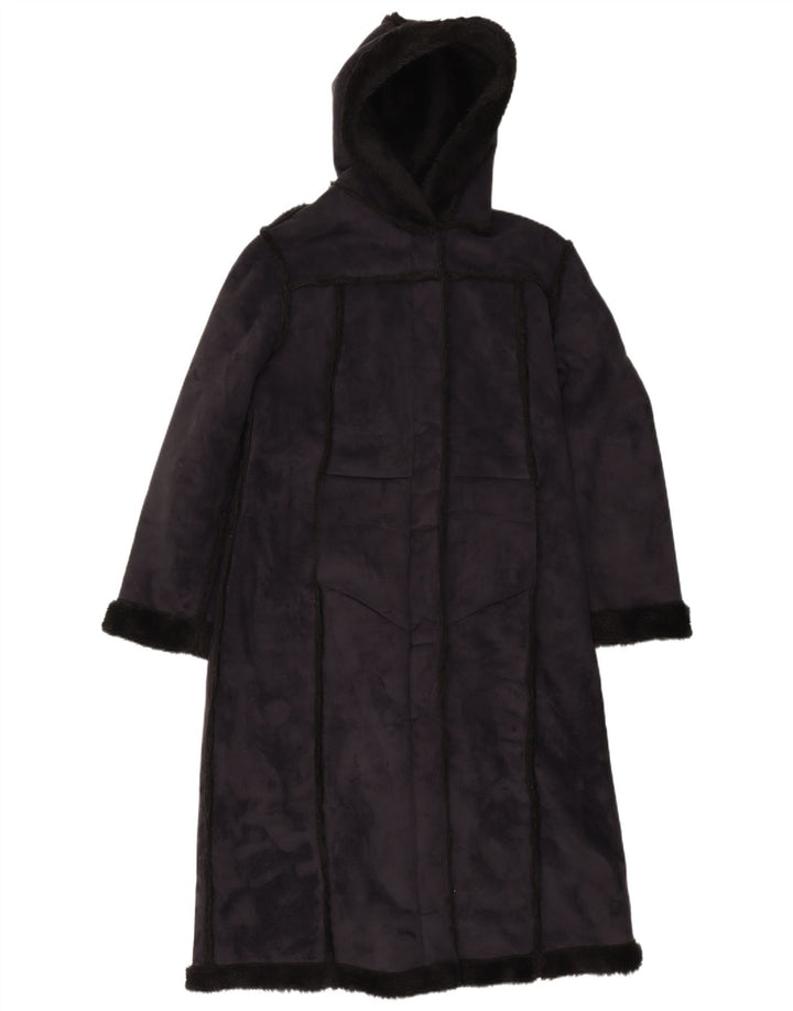 PAUL BERMAN Womens Hooded Sherpa Overcoat UK 14 Medium Navy Blue Polyester