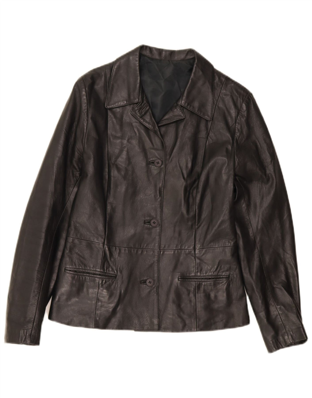 Giacca blazer in pelle vintage da donna a 3 bottoni IT 44 pelle nera media