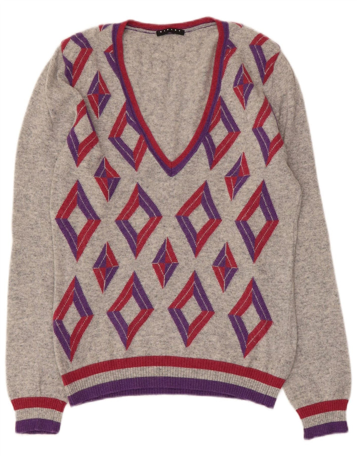 Maglione maglione con scollo a V da donna Sisley UK 10 piccolo grigio a rombi/diamante