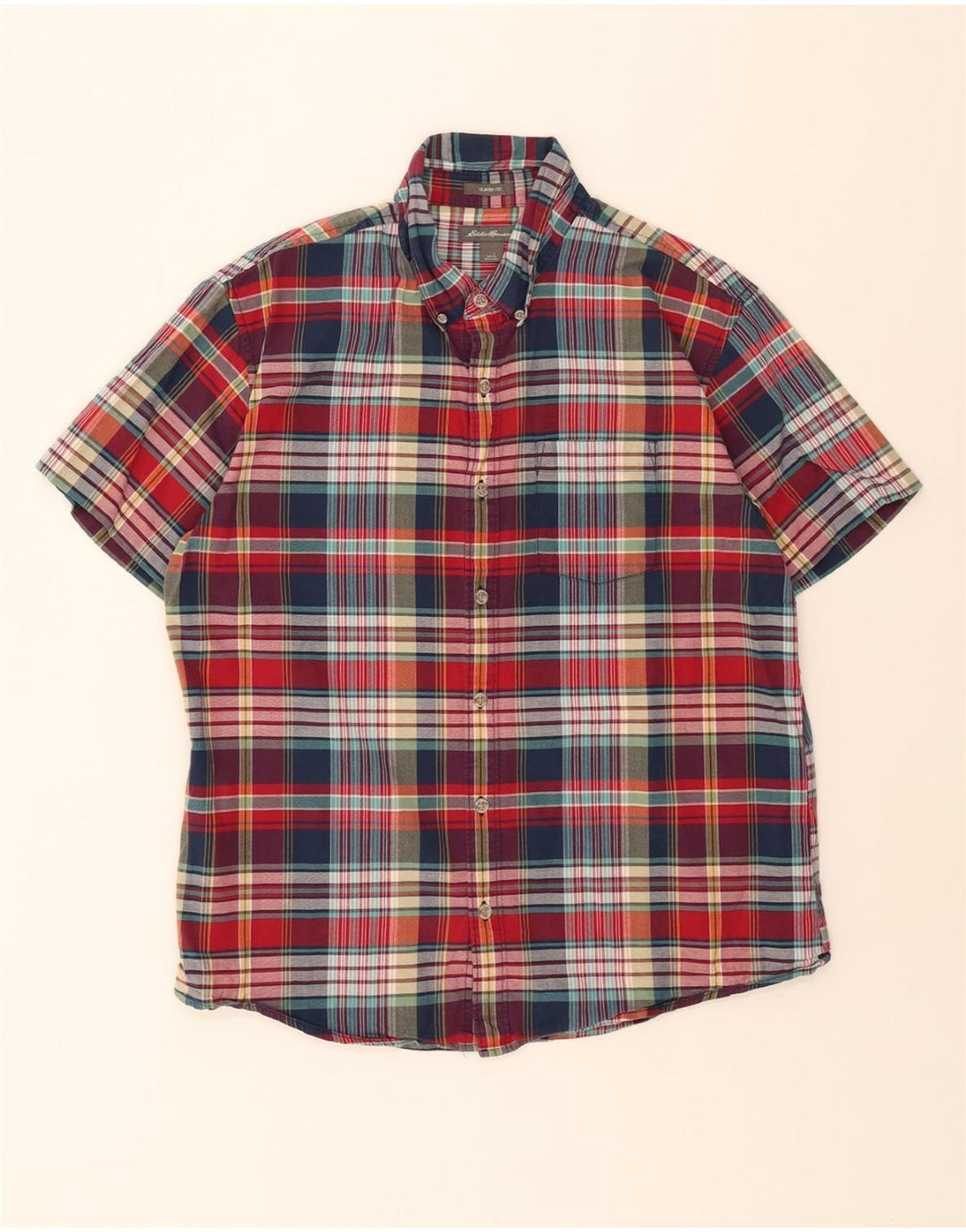 EDDIE BAUER Mens Classic Fit Short Sleeve Shirt Large Red Check Cotton Vintage Eddie Bauer and Second-Hand Eddie Bauer from Messina Hembry 