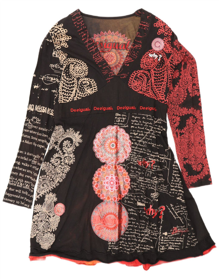 DESIGUAL Abito da donna a maniche lunghe con grafica grafica A-Line UK 18 XL Nero Paisley