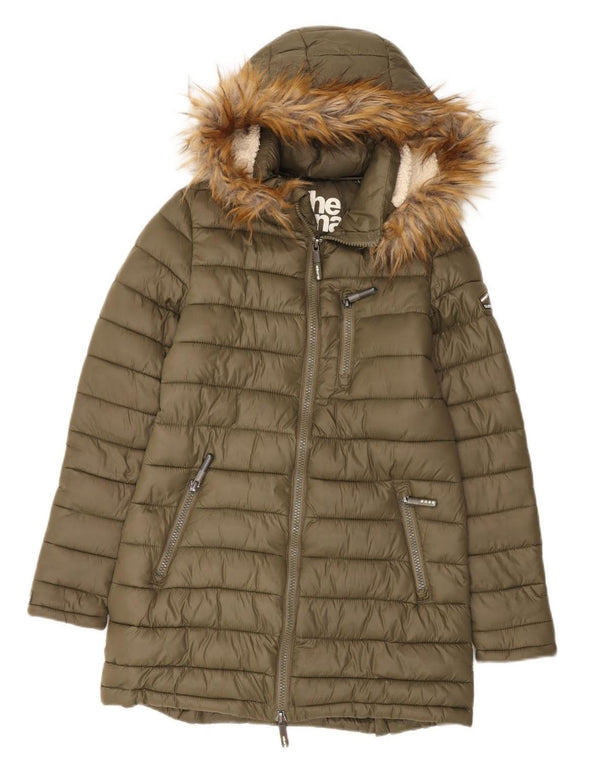 Cappotto imbottito con cappuccio da donna Superdry UK 14 nylon kaki medio