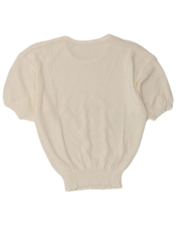 Maglione da donna vintage a maniche corte con scollo a barca UK 10 piccolo bianco