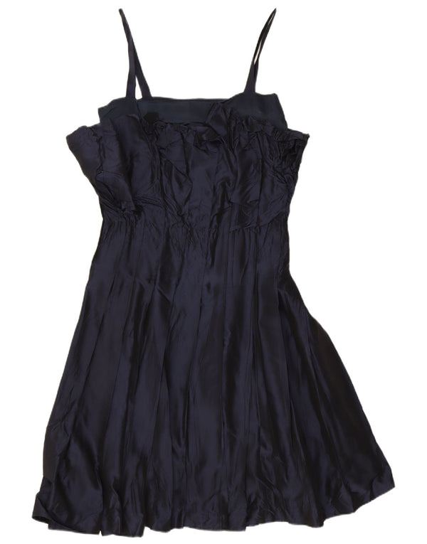 Abito vintage da donna a trapezio senza maniche con volant sul davanti UK 10 piccolo blu navy